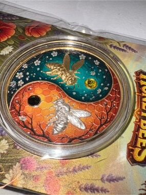 Bee Yin Yang Decorative Coin - Teal and Orange